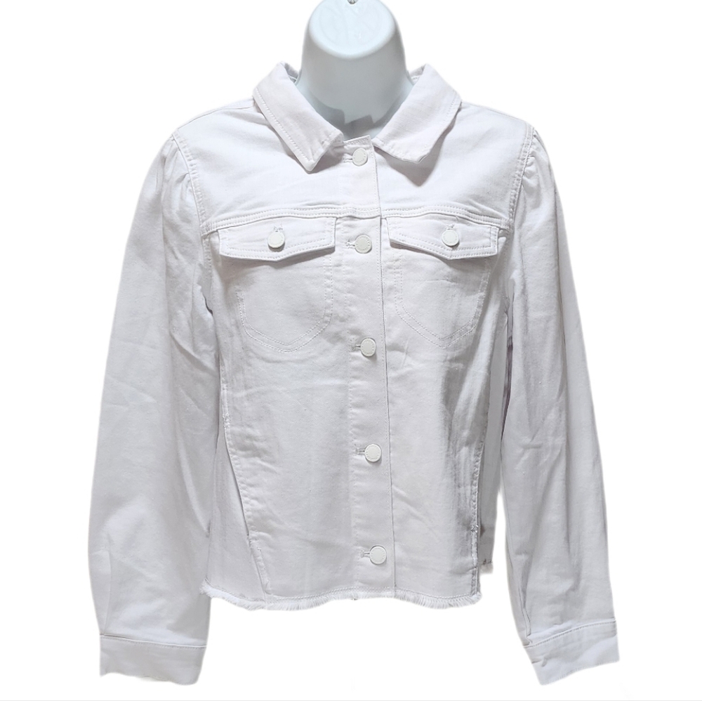 Wit & Wisdom Denim Jacket Long Puff Sleeve Button Front Frayed Hem White Size S